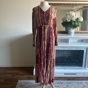 Long sleeve red multi pattern dress